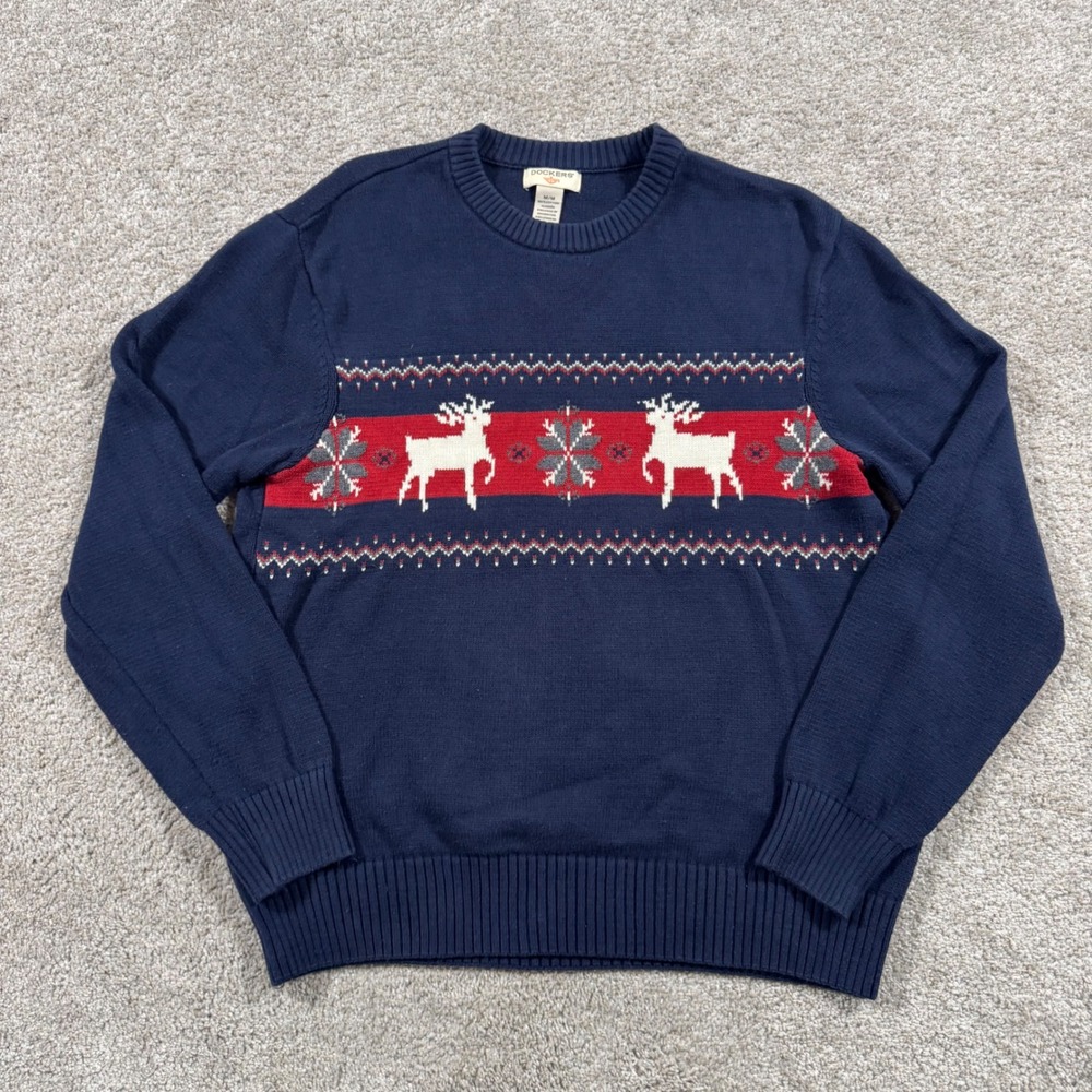 Dockers Mens Reindeer Snowflake Fair Isle Cotton Crewneck Sweater Navy Blue M